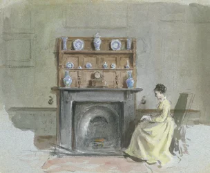 Dame am Kamin sitzend